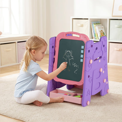 Costway 4 in 1 Art Easel for Kids Double Sided Magnetic Board with Book Rack-Pink
