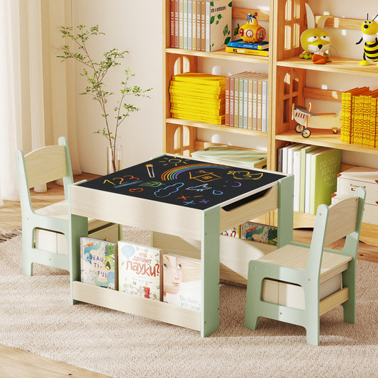 Costway 4-in-1 Kids Wooden Activity Table with Reversible Blackboard and Bookshelves-Green