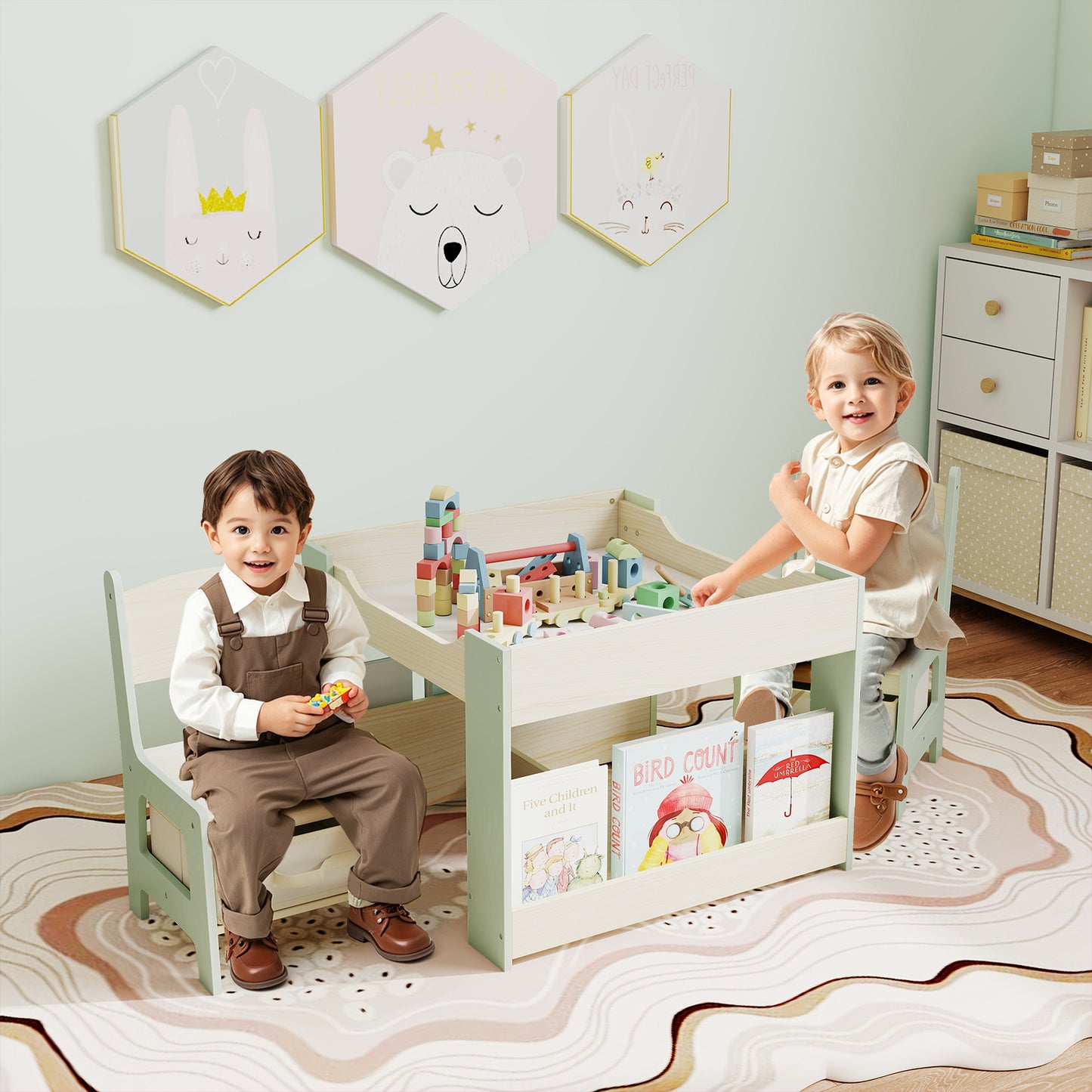 Green Kids Wooden Activity Table | Chalkboard & Bookshelves