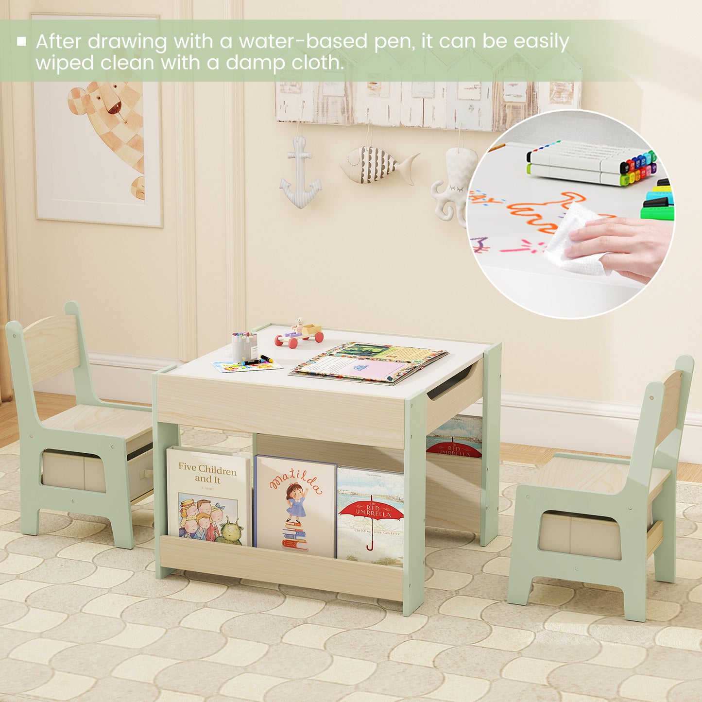 Green Kids Wooden Activity Table | Chalkboard & Bookshelves