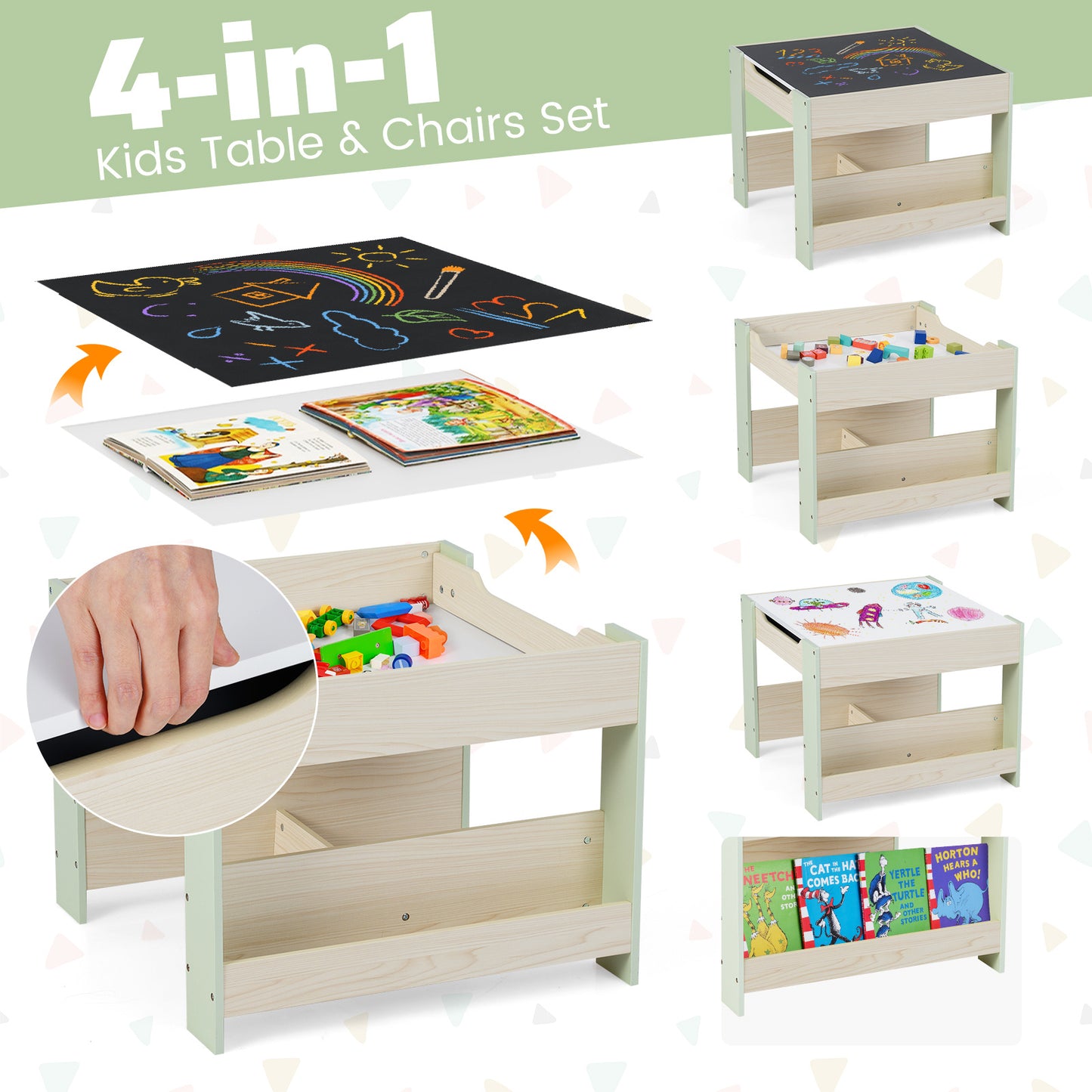 Green Kids Wooden Activity Table | Chalkboard & Bookshelves