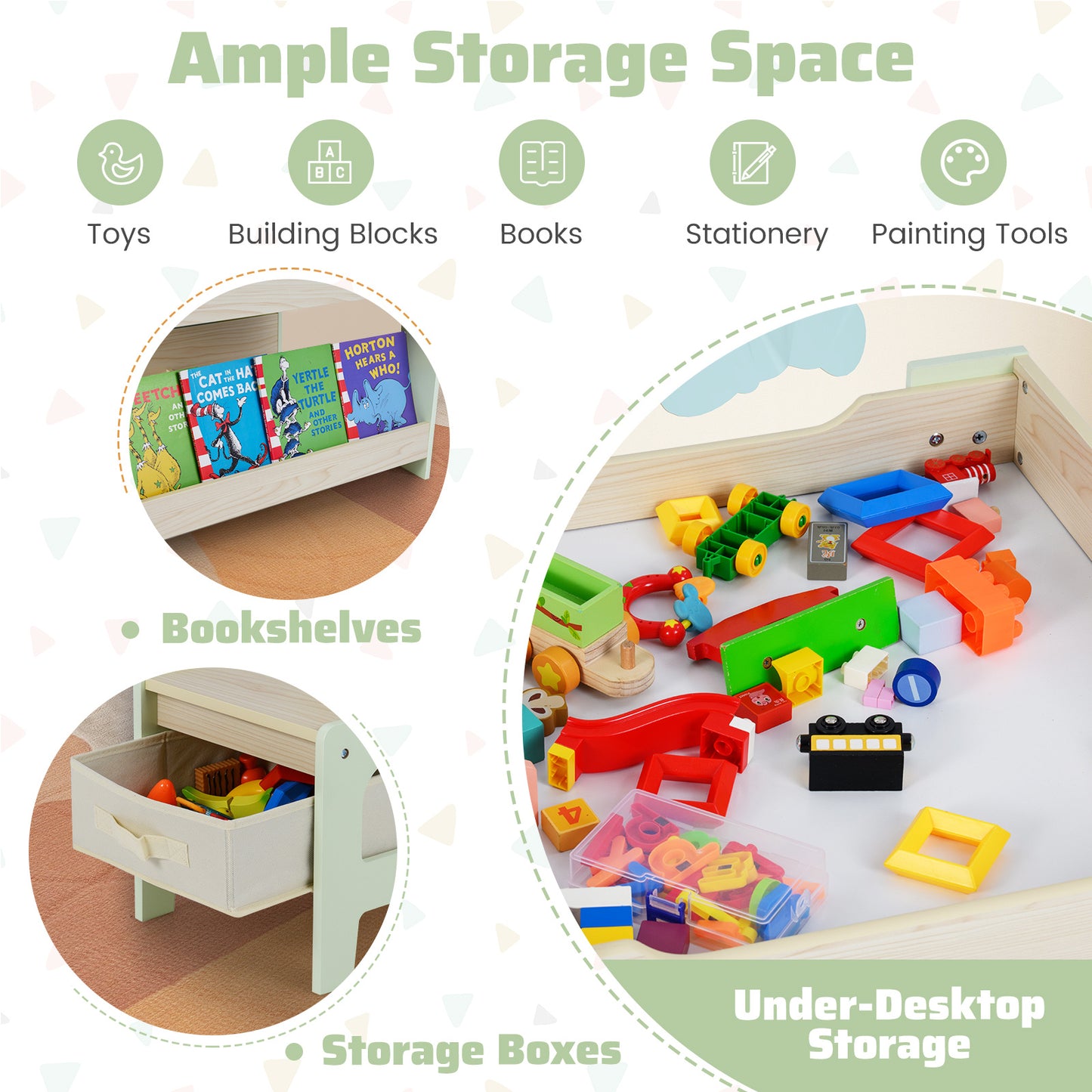 Green Kids Wooden Activity Table | Chalkboard & Bookshelves
