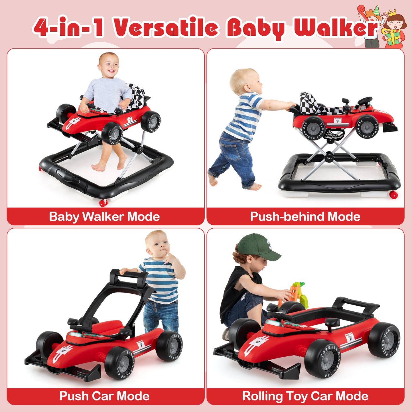 Red 4-In-1 Foldable Baby Walker | Adjustable Height 6-18M