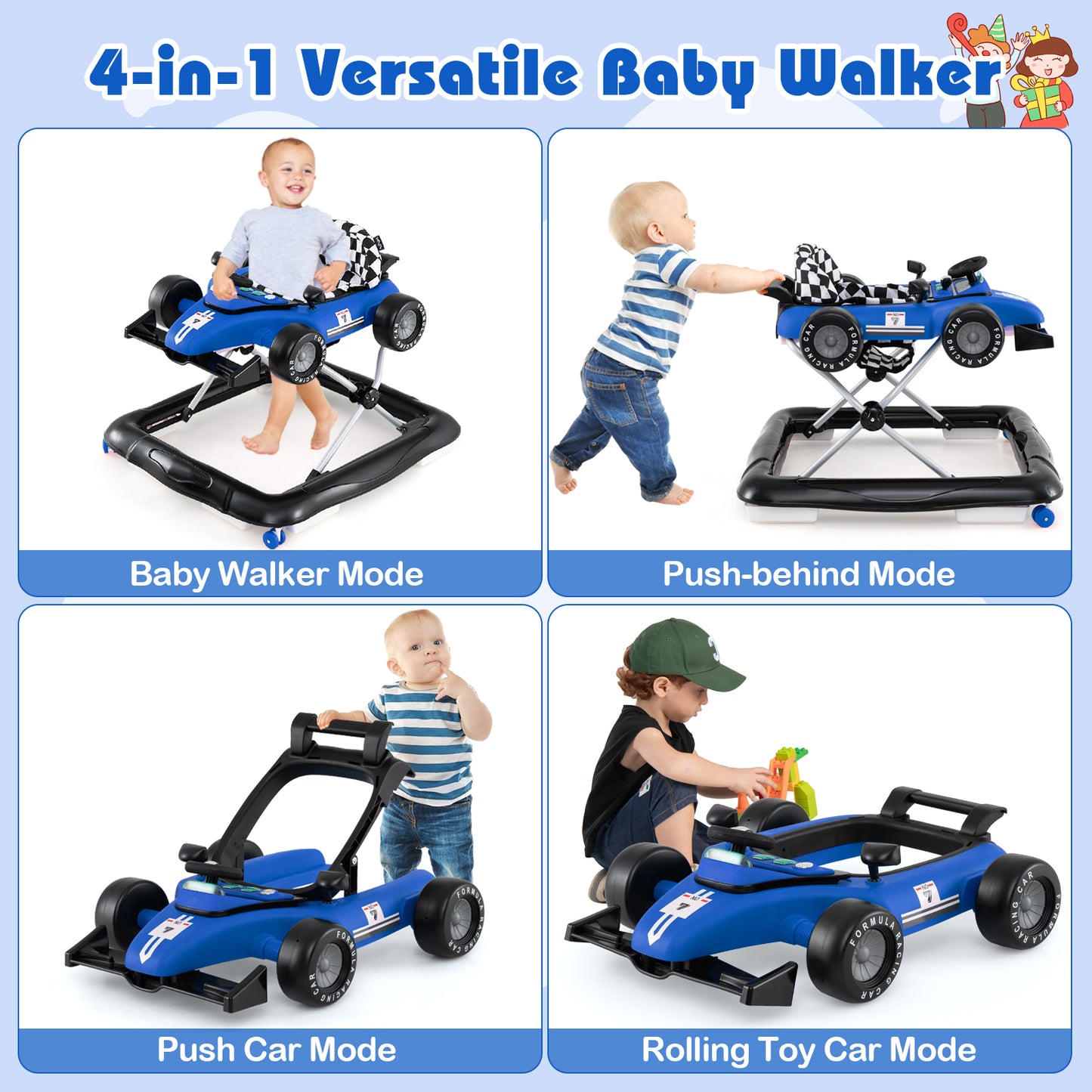 4 In 1 Blue Baby Walker | Adjustable Height for Ages 6-18 Months