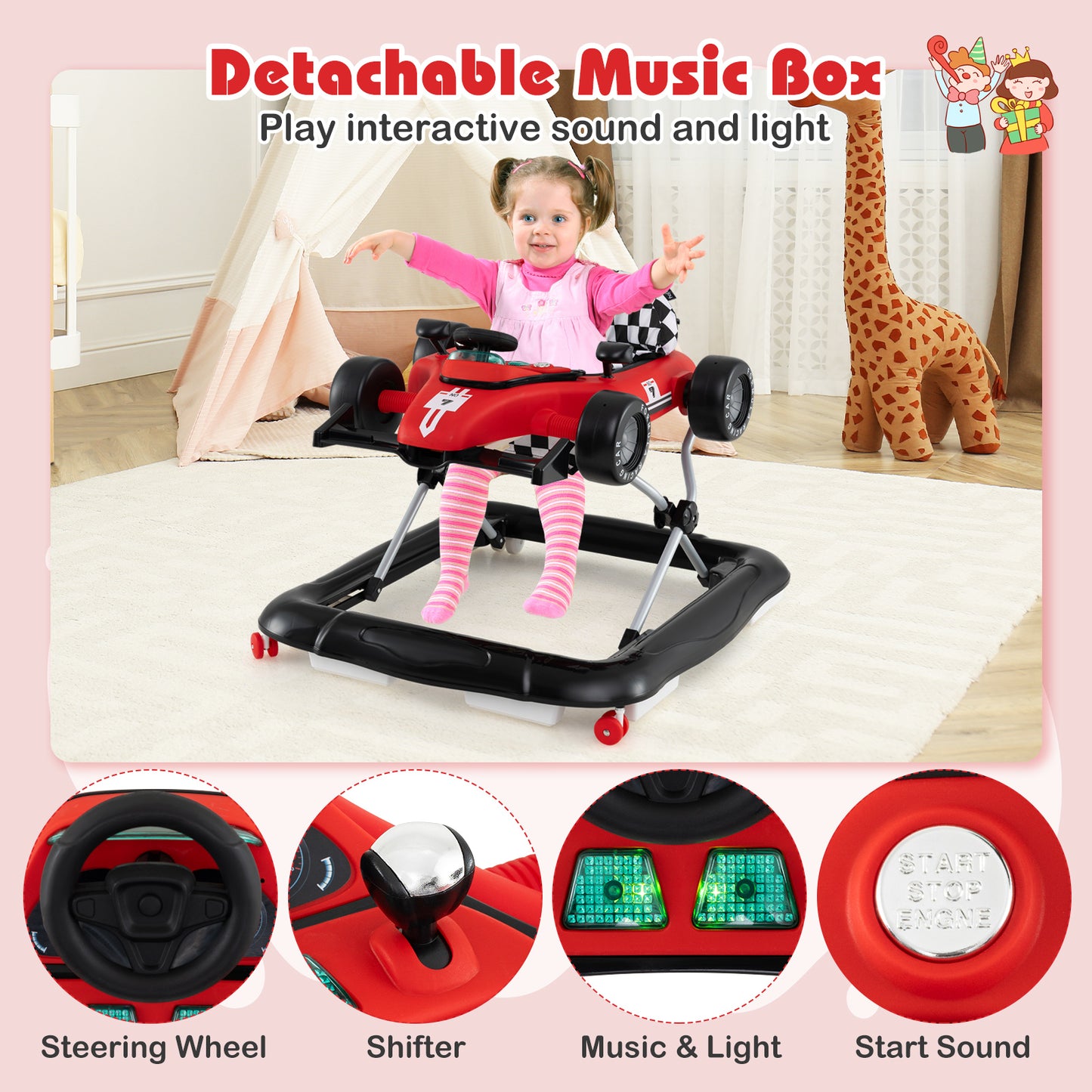 Red 4-In-1 Foldable Baby Walker | Adjustable Height 6-18M
