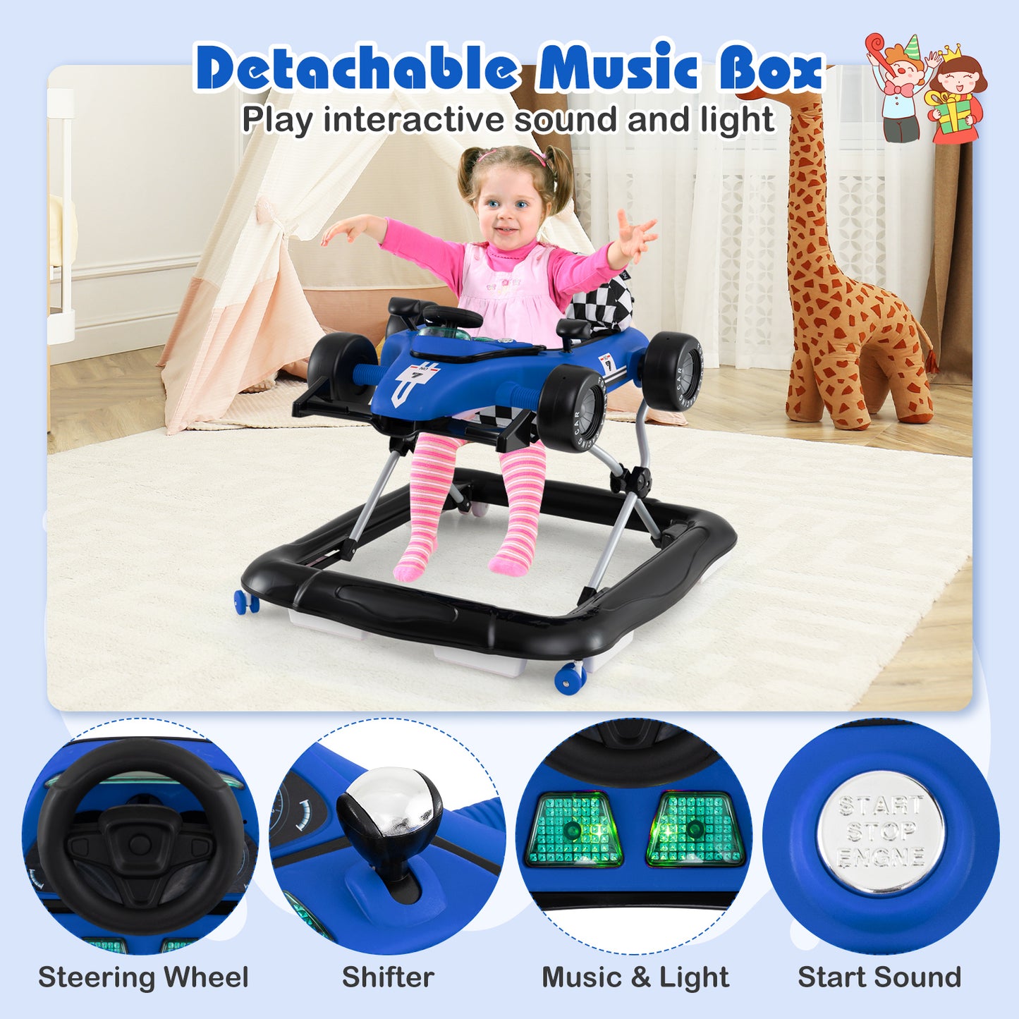 4 In 1 Blue Baby Walker | Adjustable Height for Ages 6-18 Months