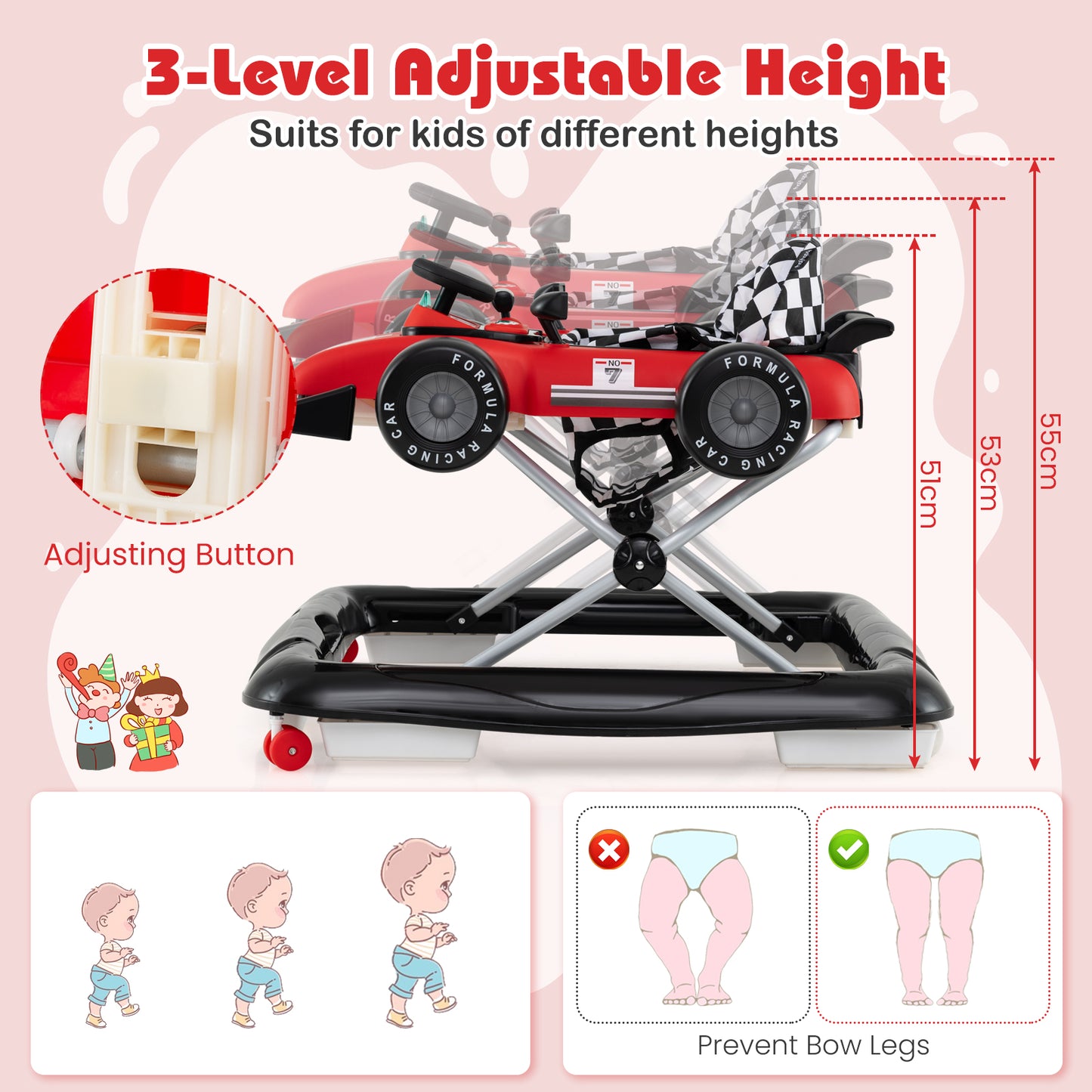 Red 4-In-1 Foldable Baby Walker | Adjustable Height 6-18M