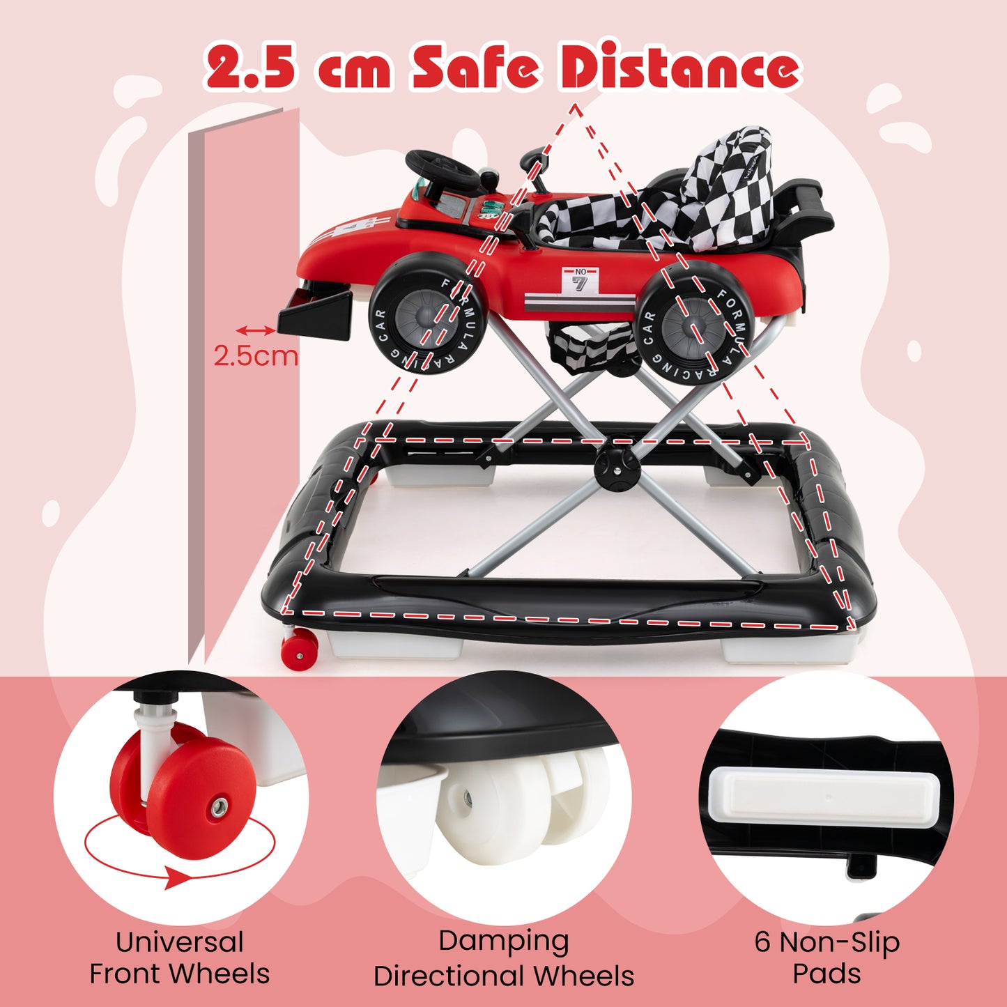 Red 4-In-1 Foldable Baby Walker | Adjustable Height 6-18M