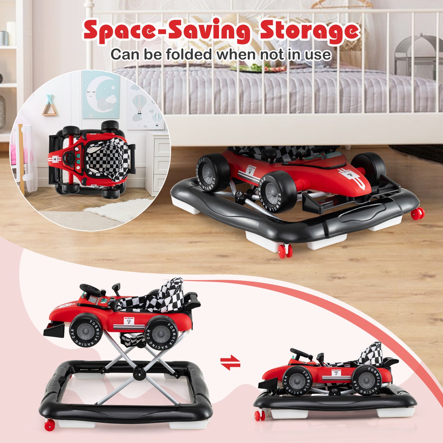Red 4-In-1 Foldable Baby Walker | Adjustable Height 6-18M