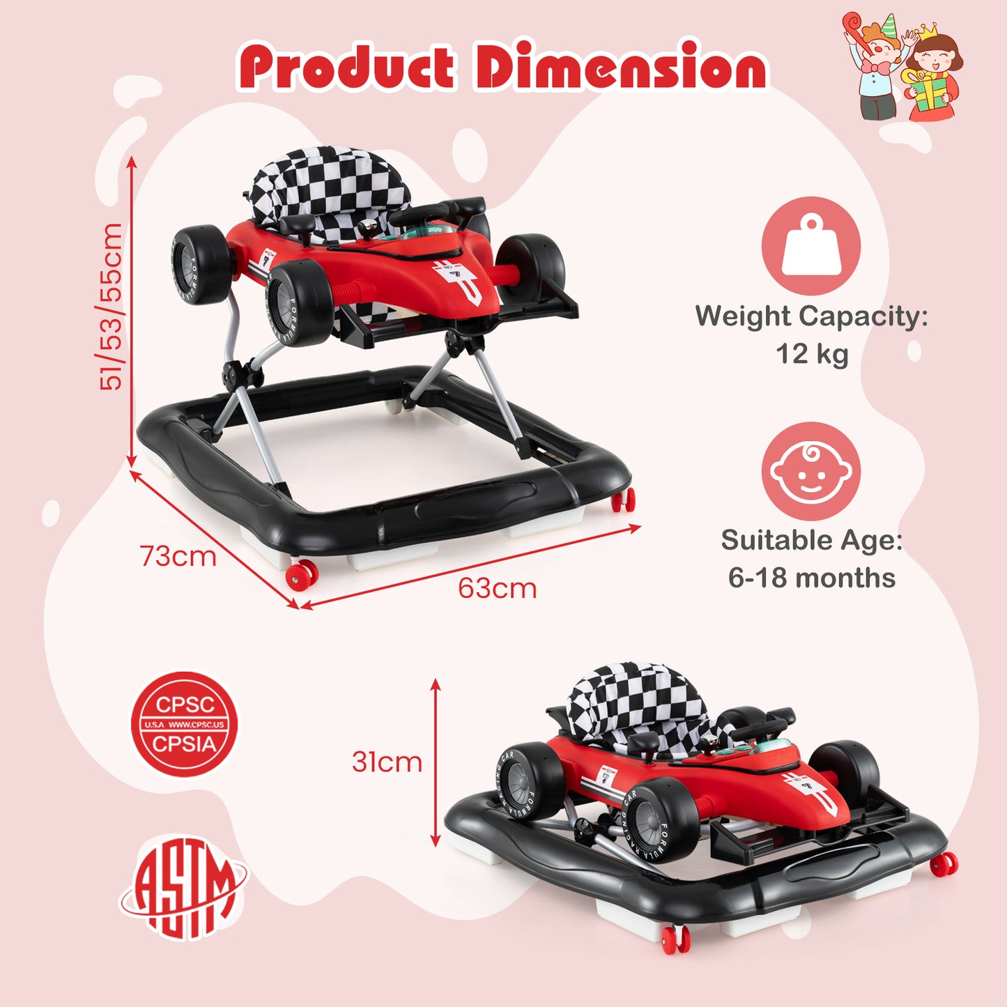 Red 4-In-1 Foldable Baby Walker | Adjustable Height 6-18M