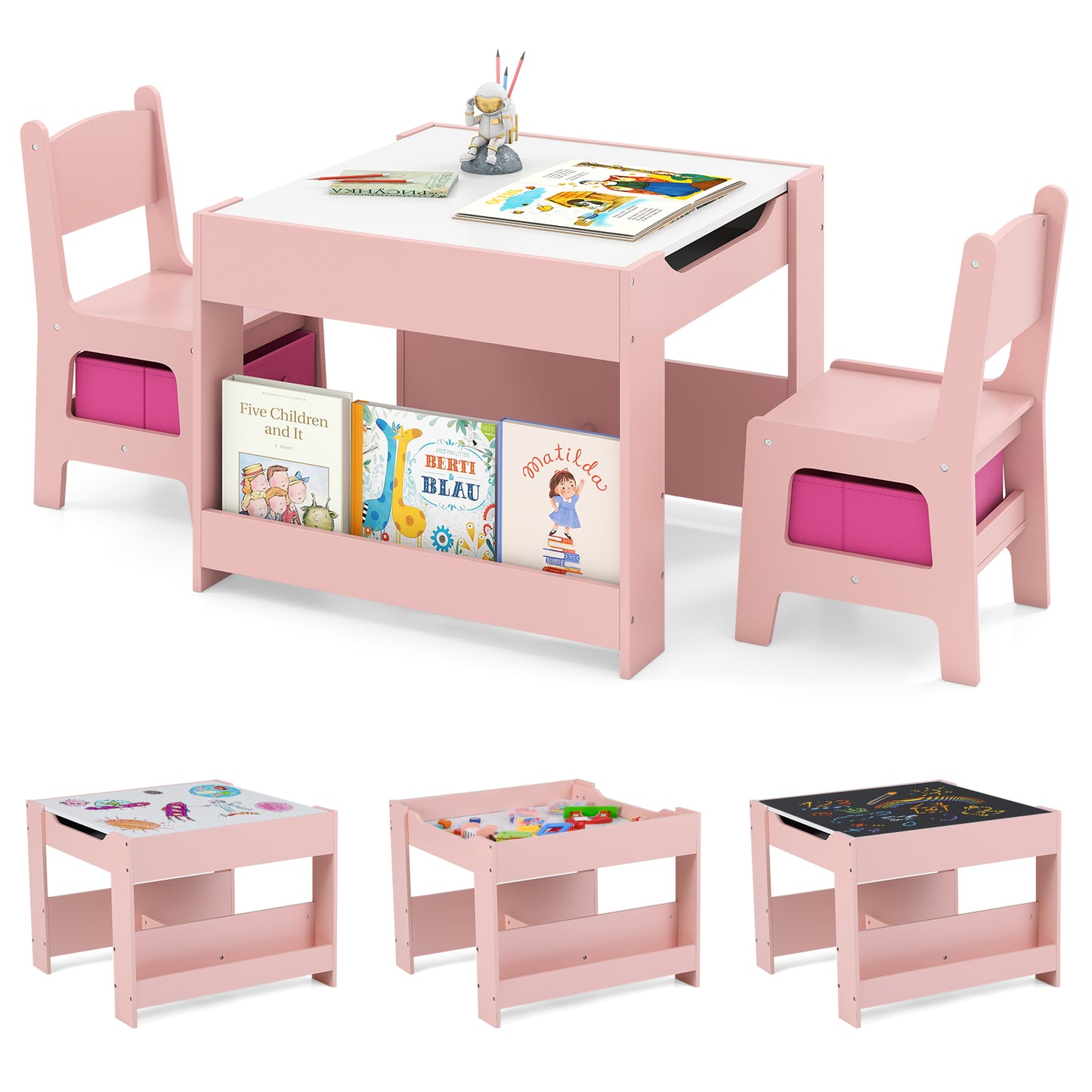 4 In 1 Kids Wooden Activity Table | Dual Board Storage Pink