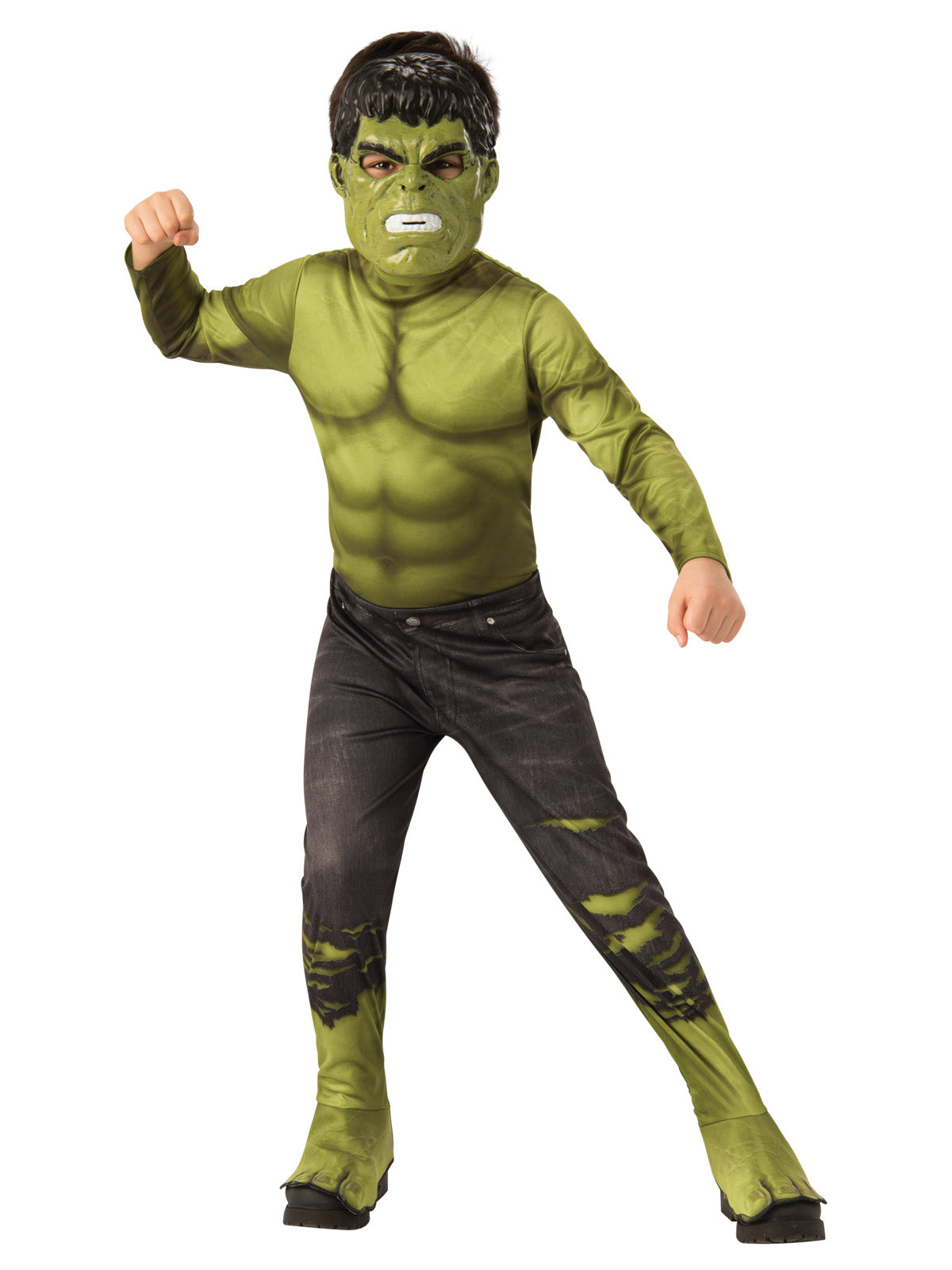 Kids Hulk costume jumpsuit and mask for playtime, featuring Marvels iconic character for imaginative fun.