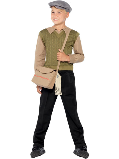 Evacuee Boy Costume Kit | Brown Cap Satchel & Jumper Set