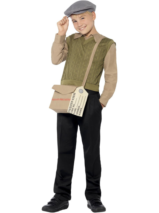 Evacuee Boy Costume Kit | Brown Cap Satchel & Jumper Set