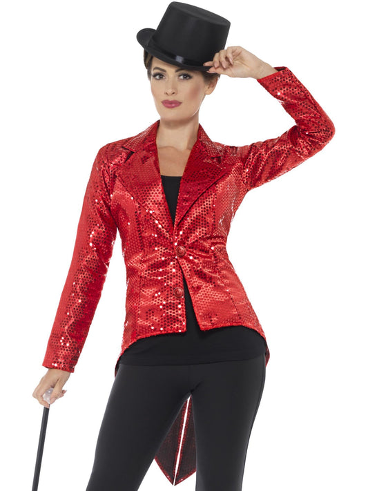 Women's Red Sequin Tailcoat Jacket | Sparkly Costume Outfit