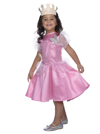 Glinda the Good Witch Wizard of Oz kids costume with pink dress and tiara.