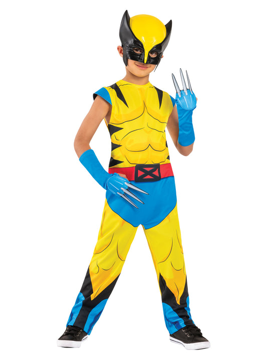 X-Men Wolverine costume with mask and claws for kids, perfect for imaginative play at home.