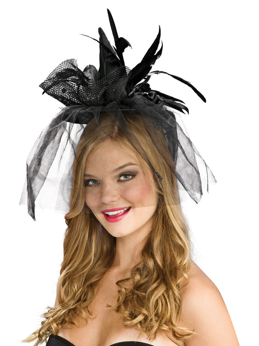 Kids miniature black witch hat with veil for spooky Halloween dress up fun.