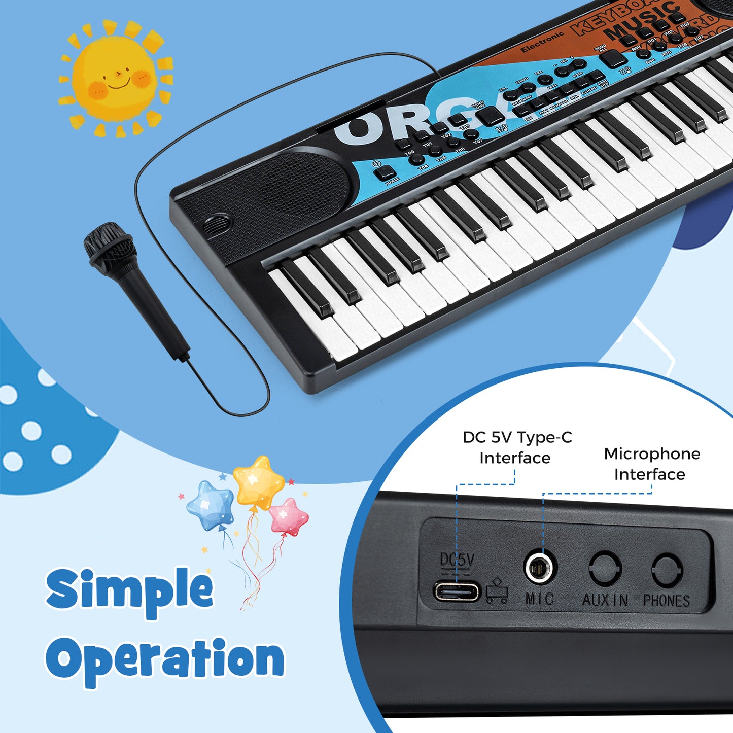 49 Key Electric Piano Keyboard | Microphone & 8 Tones | Black