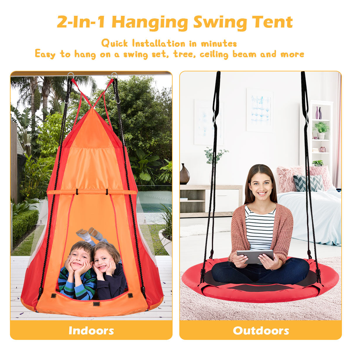 2 In 1 Tree Tent Swing Set | Green Adjustable Hanging Ropes