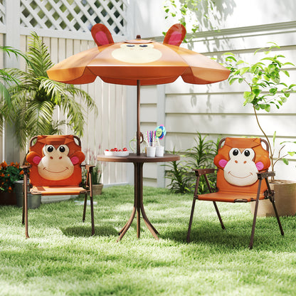 Costway 4 Pieces Kids Picnic Set Toddler Outdoor Activity Table with 2 Folding Chairs-Brown