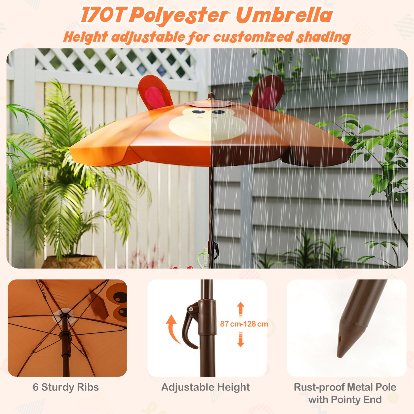 Kids Picnic Table Set | Brown Folding Chairs & Shade Umbrella