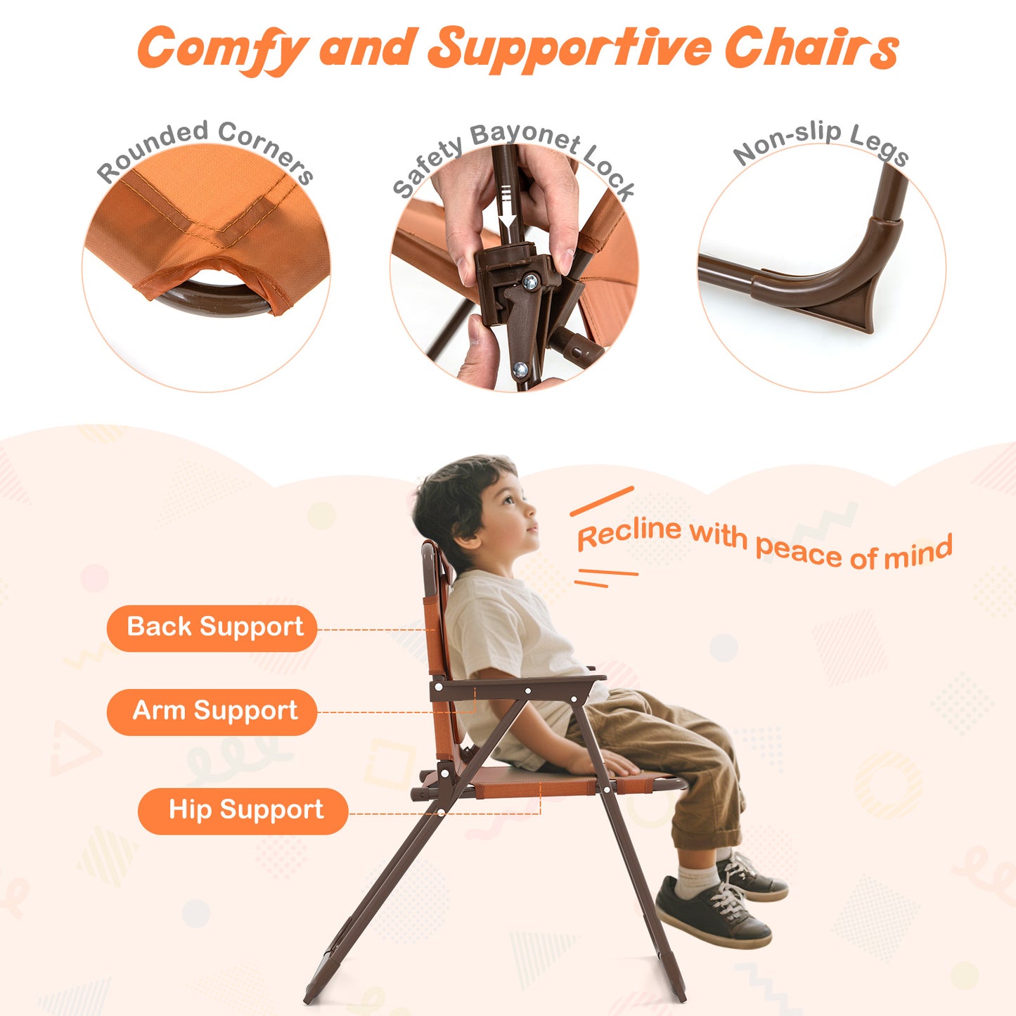 Kids Picnic Table Set | Brown Folding Chairs & Shade Umbrella