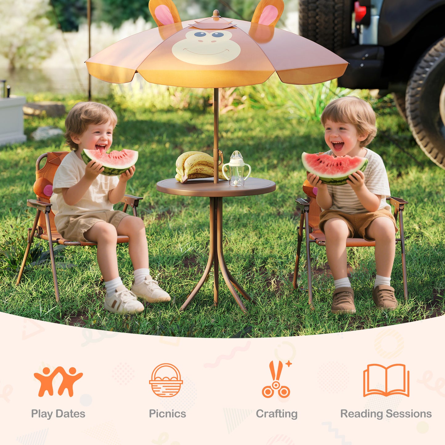 Kids Picnic Table Set | Brown Folding Chairs & Shade Umbrella