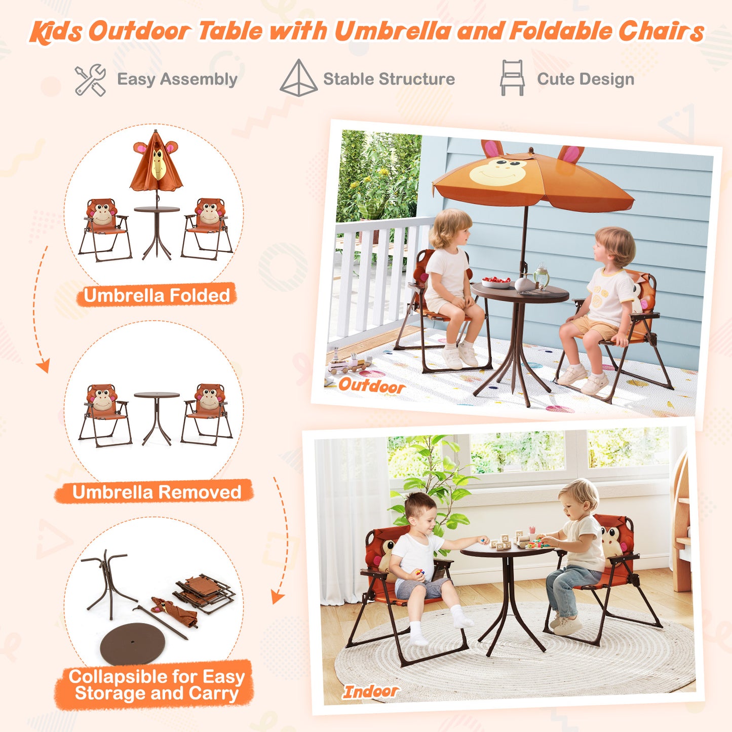 Kids Picnic Table Set | Brown Folding Chairs & Shade Umbrella