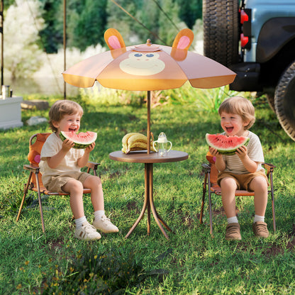 Kids Picnic Table Set | Brown Folding Chairs & Shade Umbrella