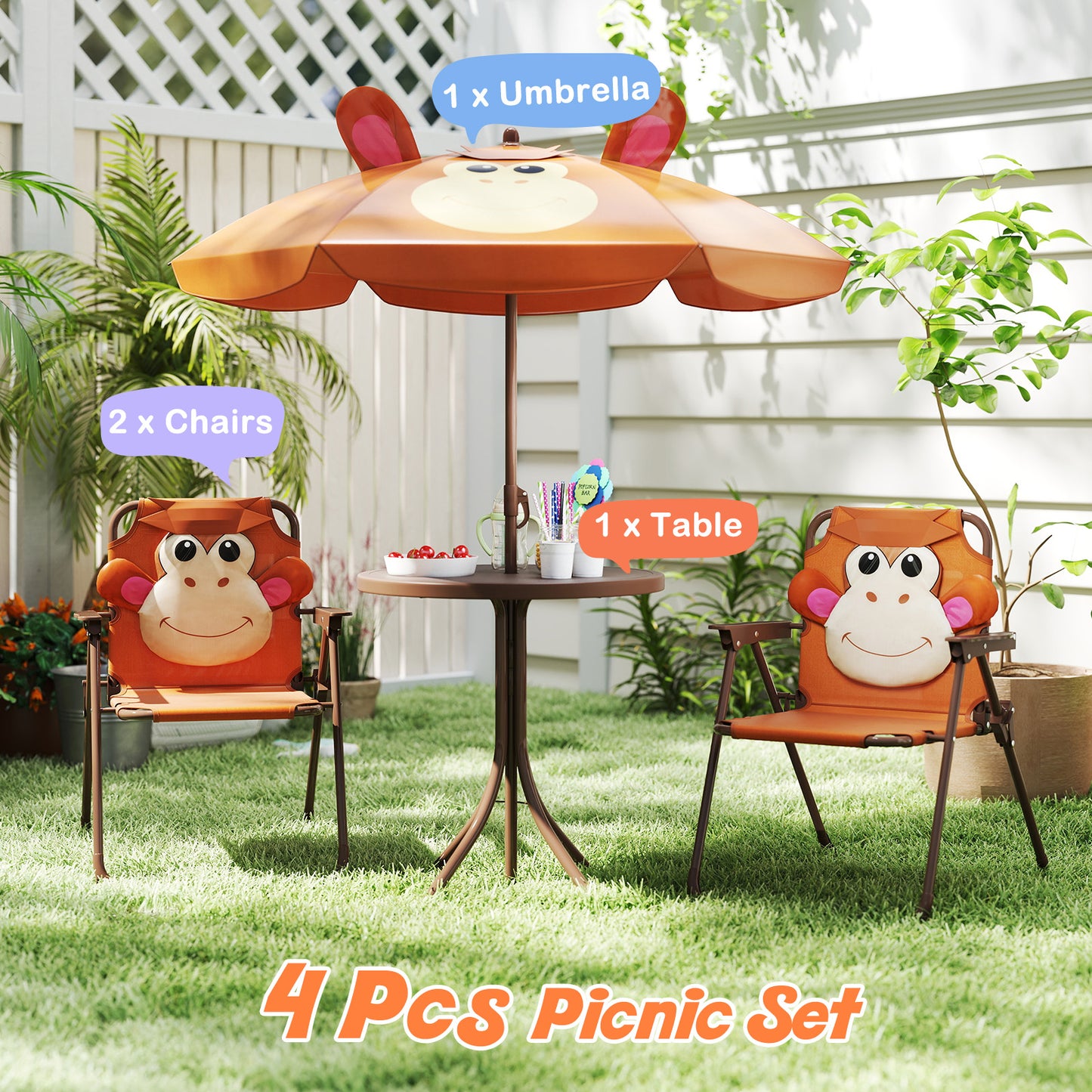 Kids Picnic Table Set | Brown Folding Chairs & Shade Umbrella
