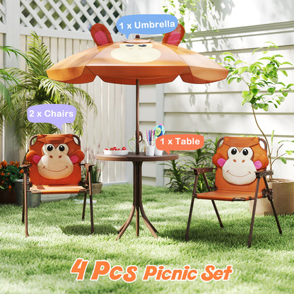 Kids Picnic Table Set | Brown Folding Chairs & Shade Umbrella