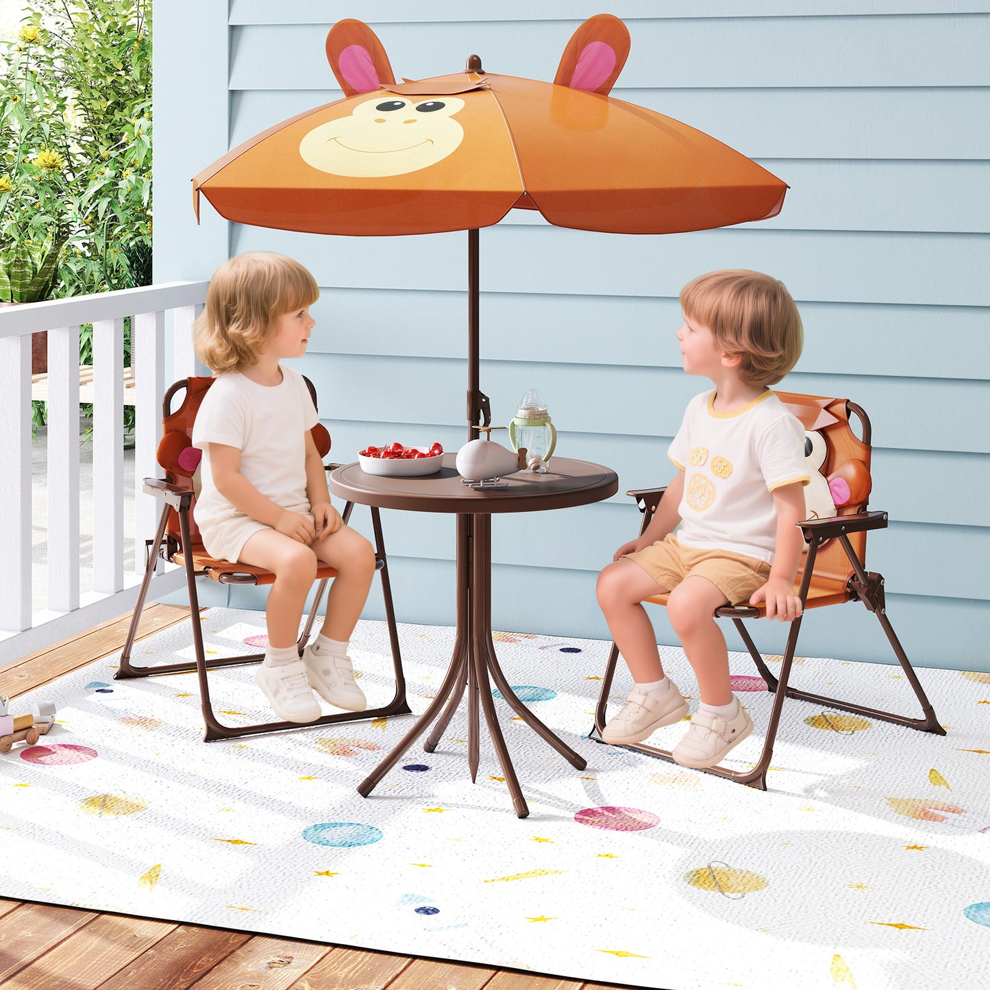 Kids Picnic Table Set | Brown Folding Chairs & Shade Umbrella