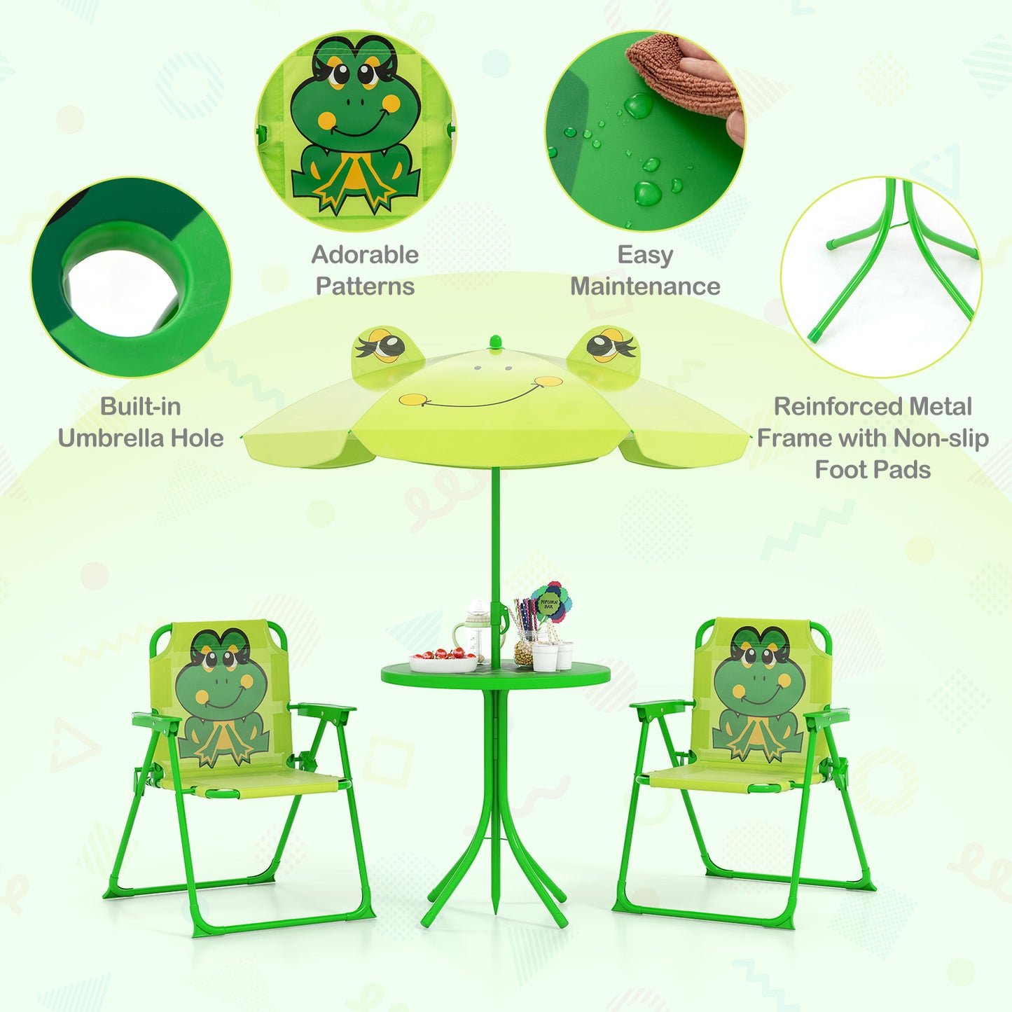 4 Piece Kids Picnic Set | Foldable Table & Chairs | Light Green