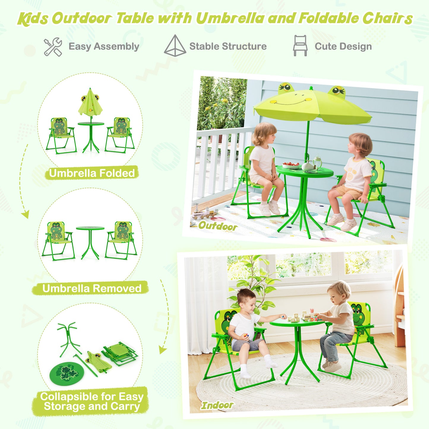 4 Piece Kids Picnic Set | Foldable Table & Chairs | Light Green