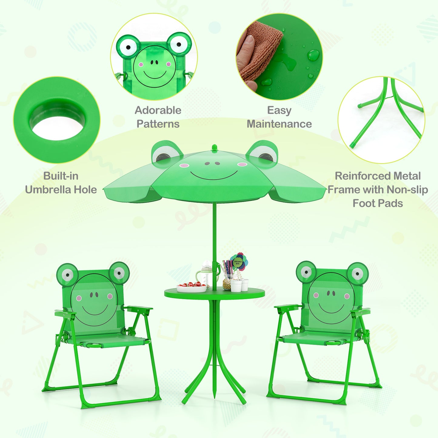 4 Piece Green Kids Picnic Set | Table Chairs Umbrella Foldable