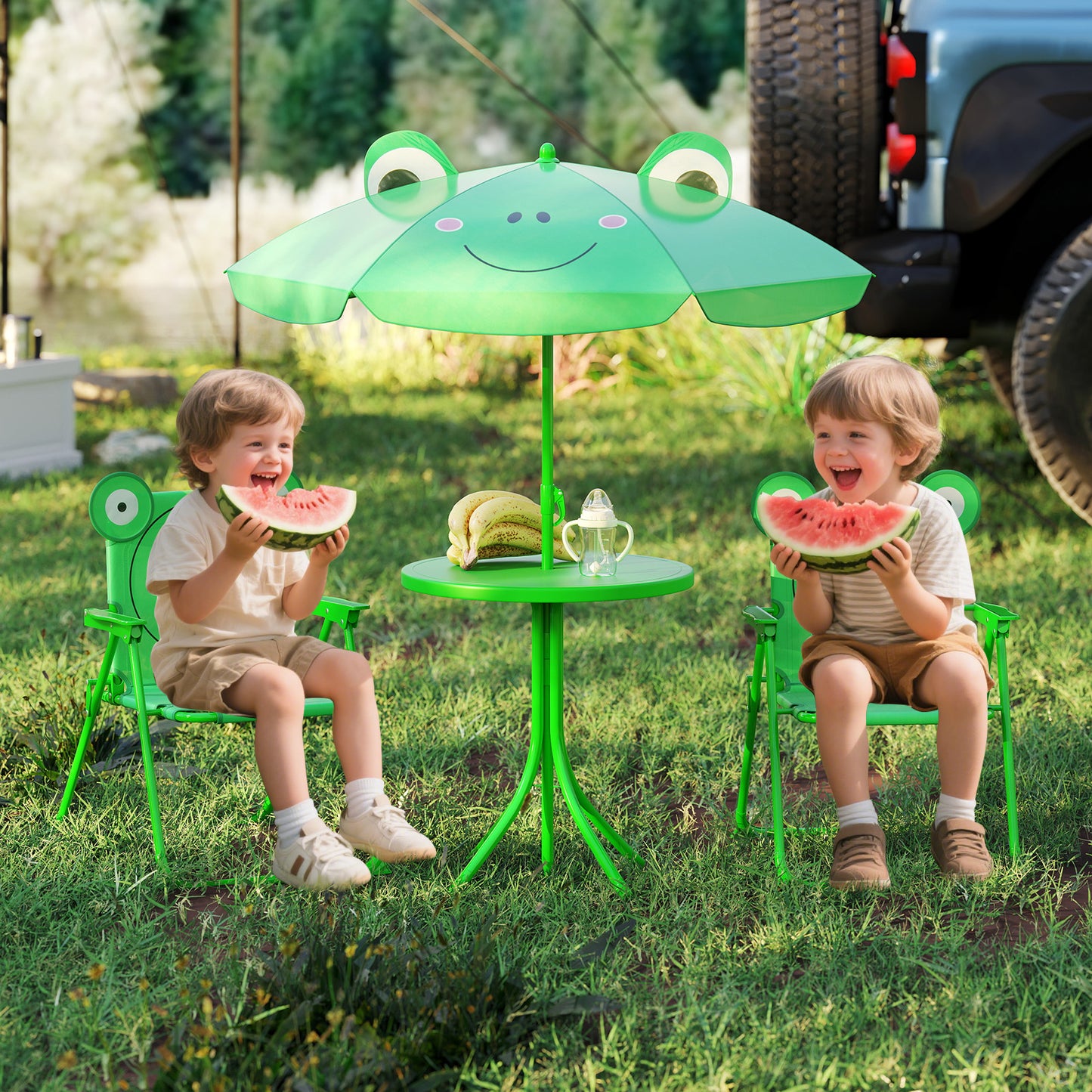 4 Piece Green Kids Picnic Set | Table Chairs Umbrella Foldable