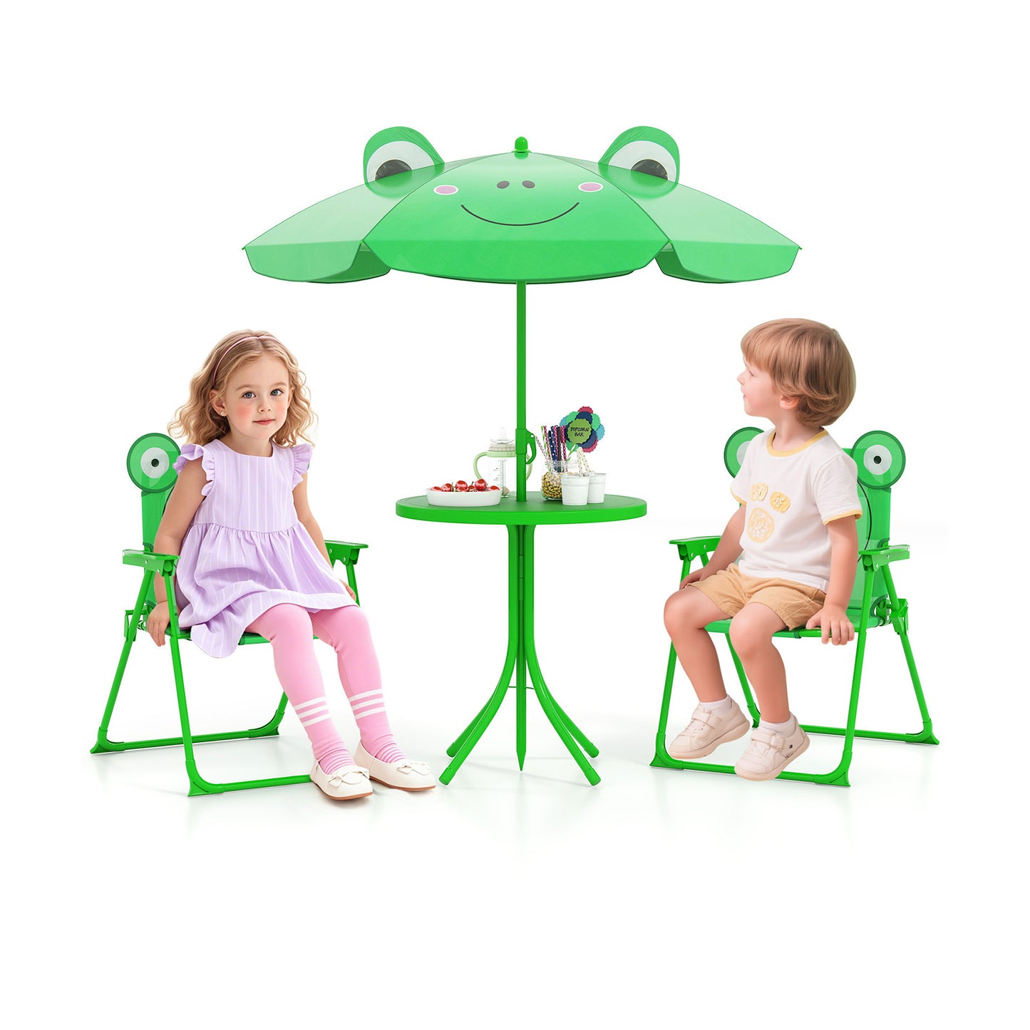 4 Piece Green Kids Picnic Set | Table Chairs Umbrella Foldable