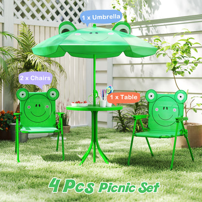 4 Piece Green Kids Picnic Set | Table Chairs Umbrella Foldable