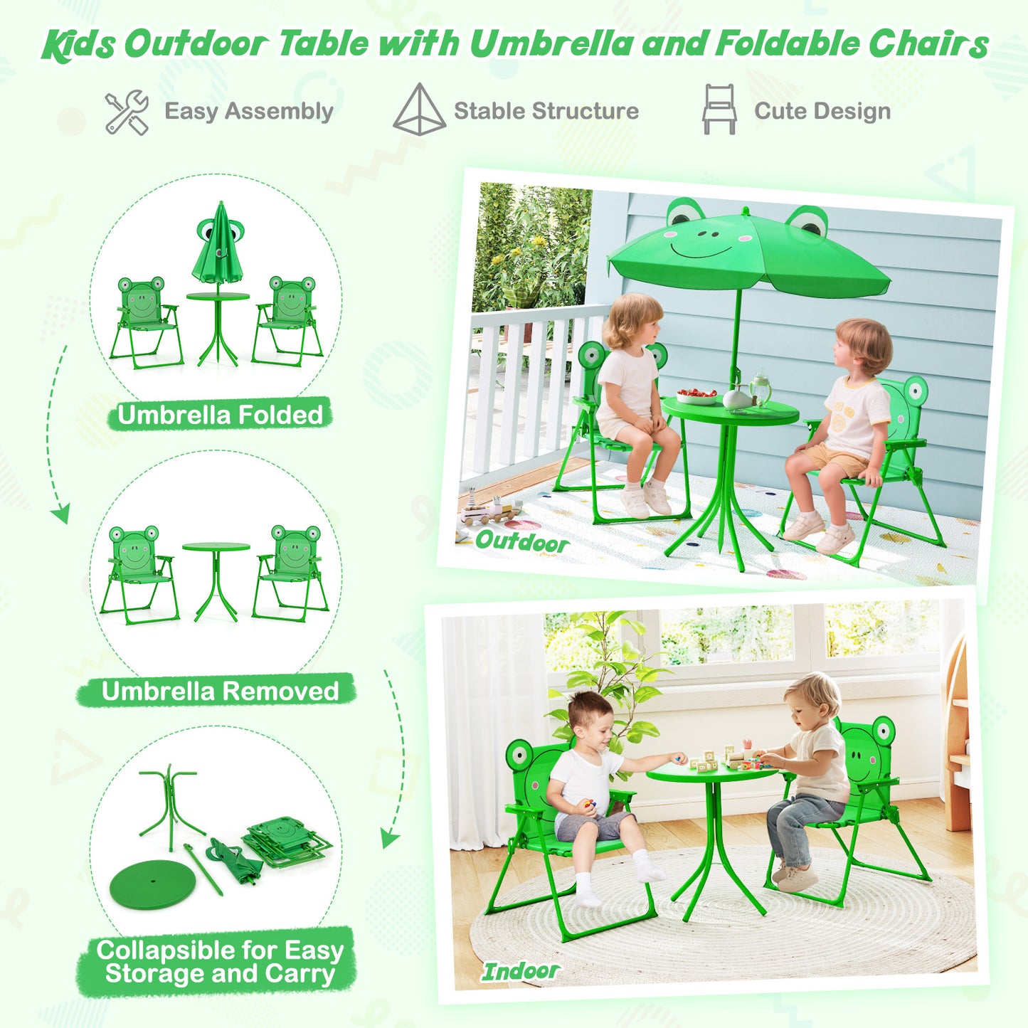 4 Piece Green Kids Picnic Set | Table Chairs Umbrella Foldable