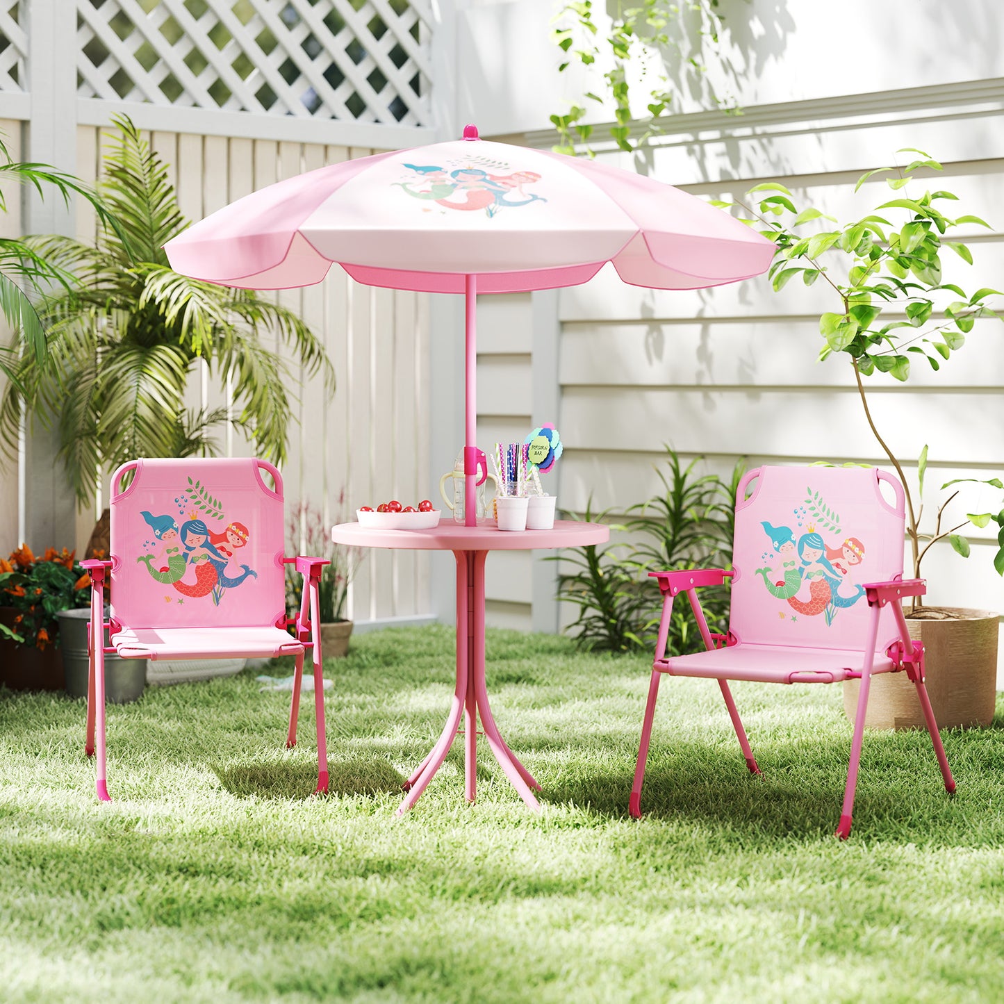 Mermaid Kids Pink Picnic Table Set | 4 Piece Folding Outdoor Furniture