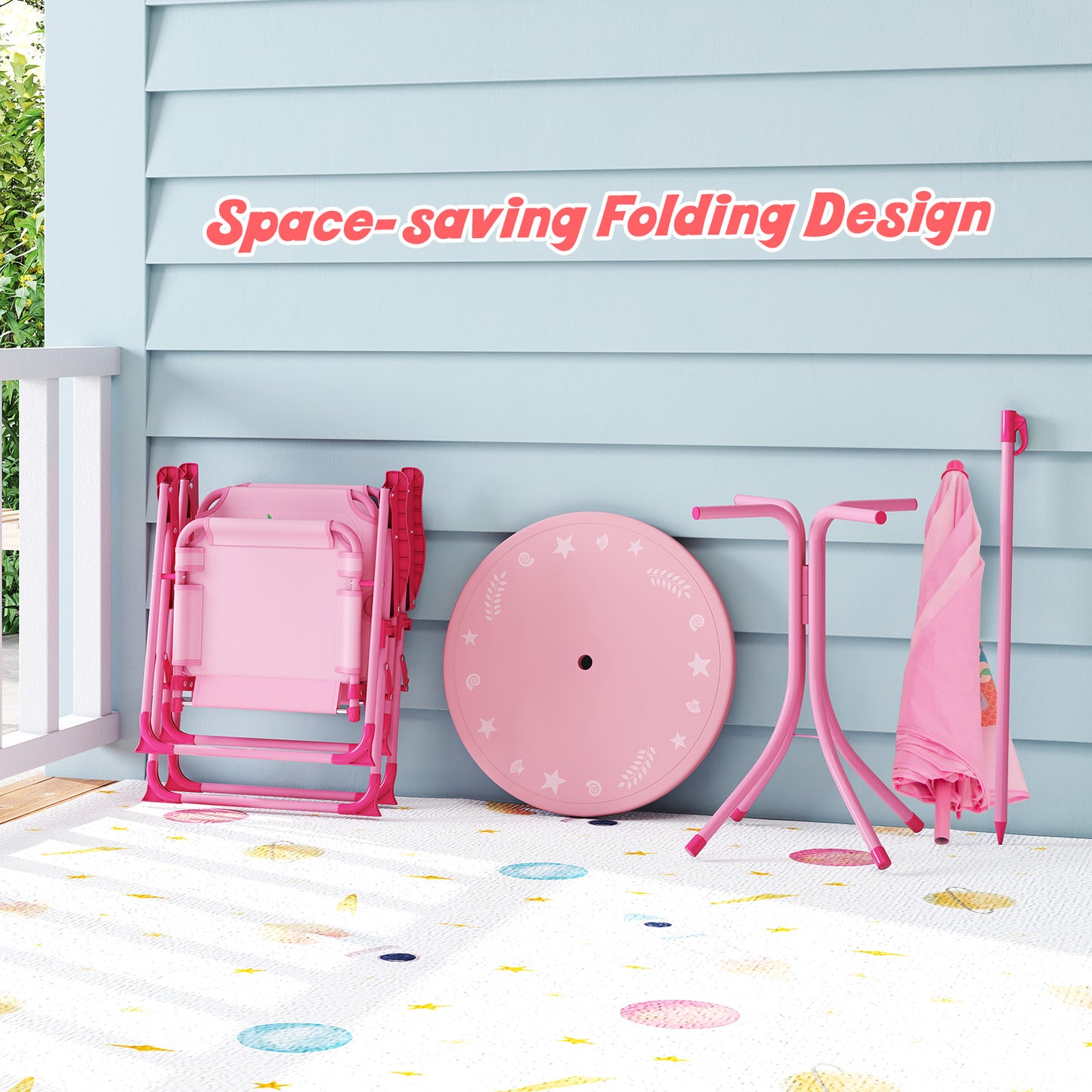 Mermaid Kids Pink Picnic Table Set | 4 Piece Folding Outdoor Furniture