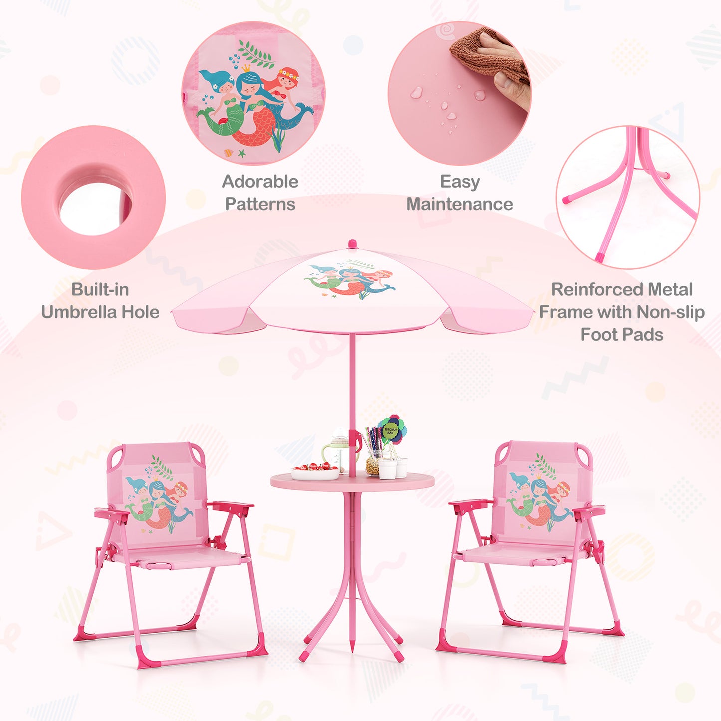 Mermaid Kids Pink Picnic Table Set | 4 Piece Folding Outdoor Furniture