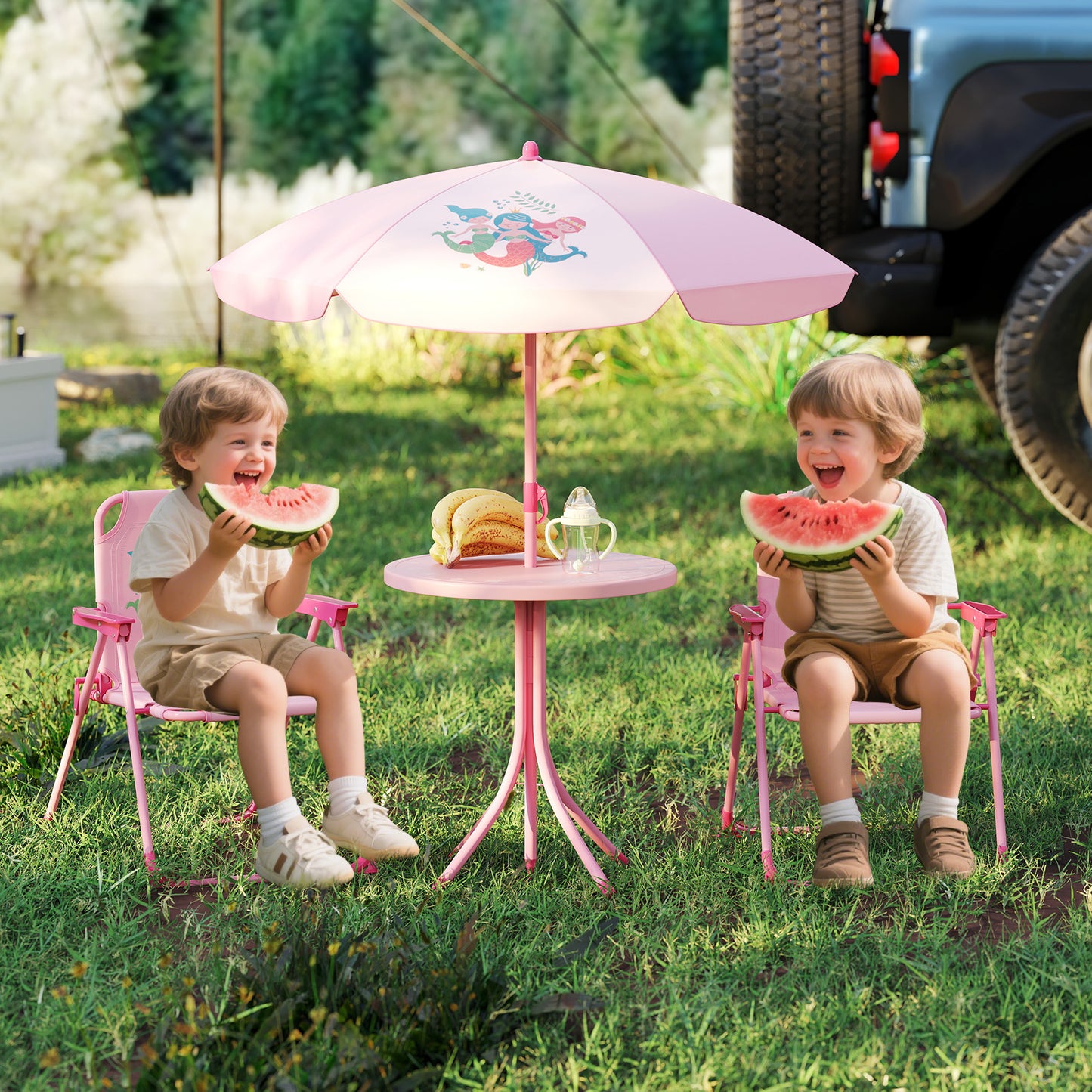 Mermaid Kids Pink Picnic Table Set | 4 Piece Folding Outdoor Furniture