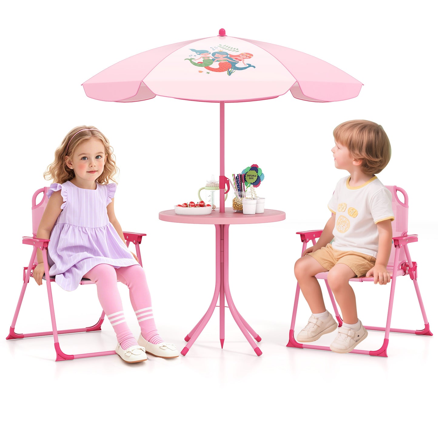 Mermaid Kids Pink Picnic Table Set | 4 Piece Folding Outdoor Furniture