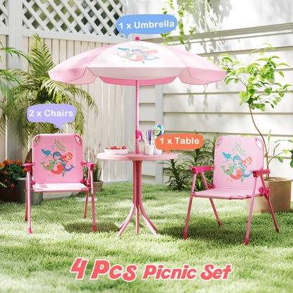 Mermaid Kids Pink Picnic Table Set | 4 Piece Folding Outdoor Furniture