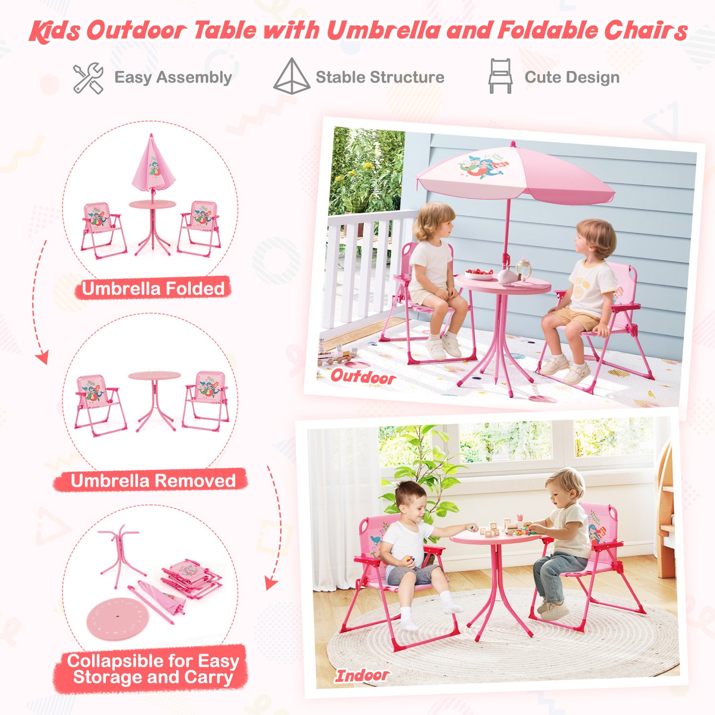 Mermaid Kids Pink Picnic Table Set | 4 Piece Folding Outdoor Furniture