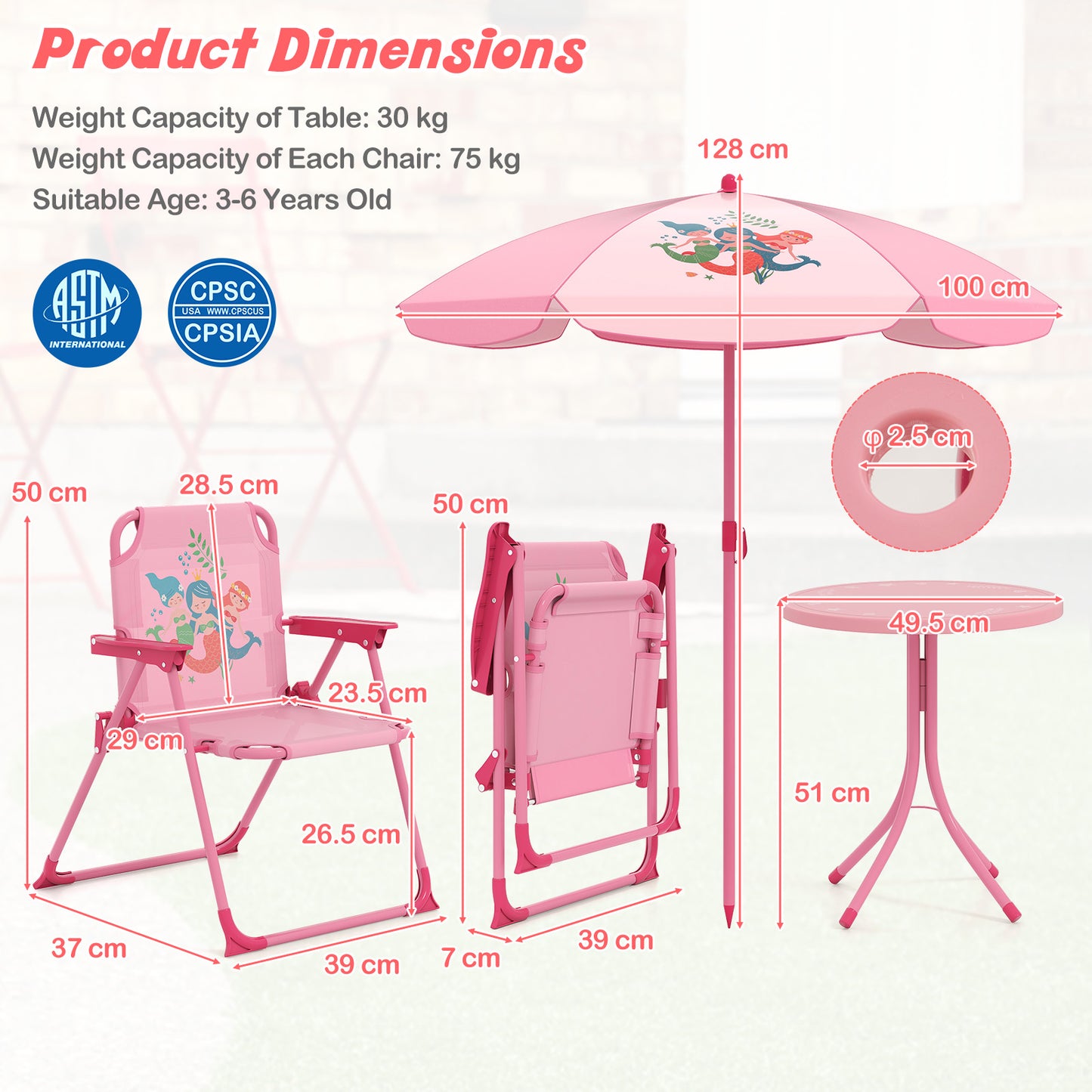 Mermaid Kids Pink Picnic Table Set | 4 Piece Folding Outdoor Furniture