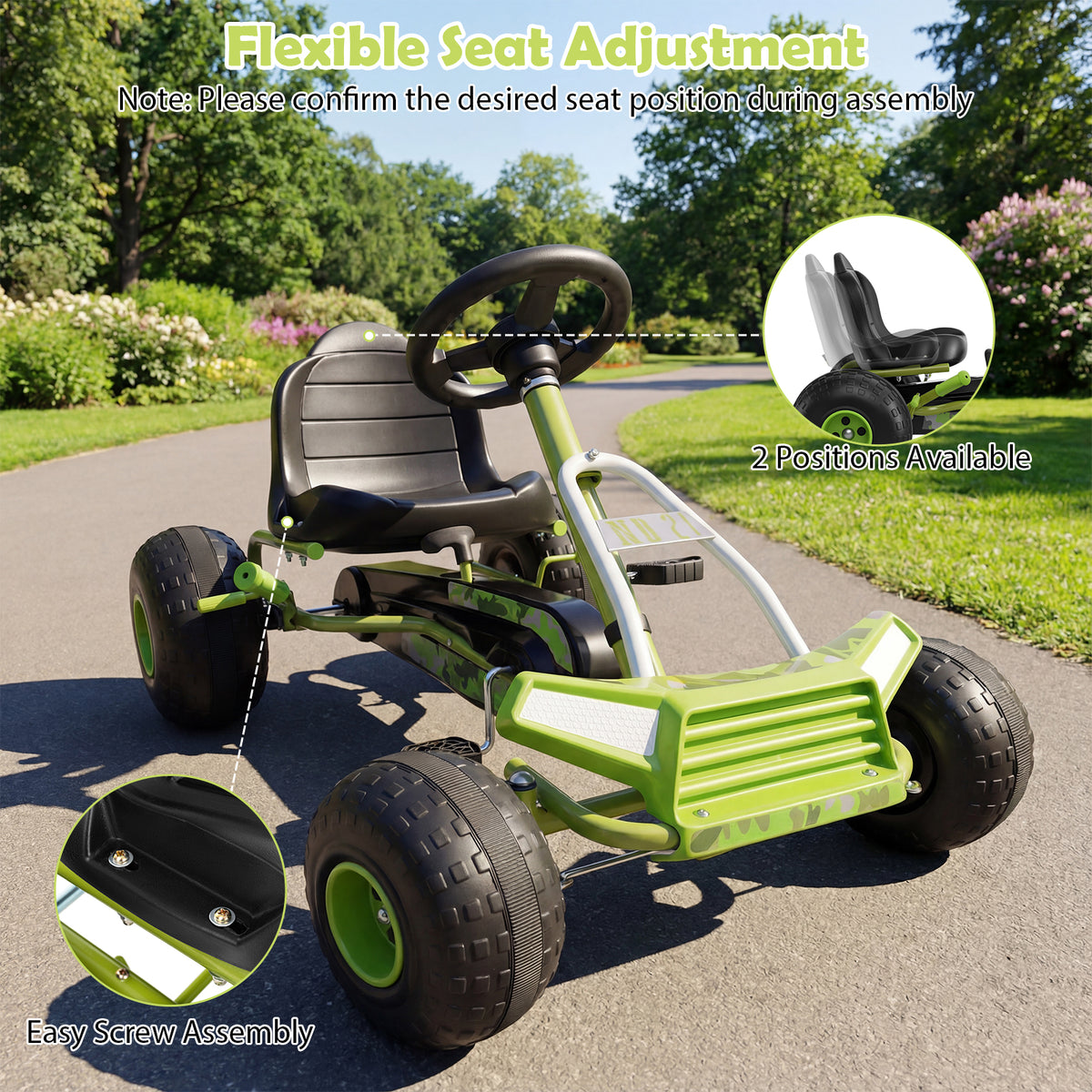 Green 4-Wheel Pedal Go Kart | Adjustable Seat & Multi-Terrain
