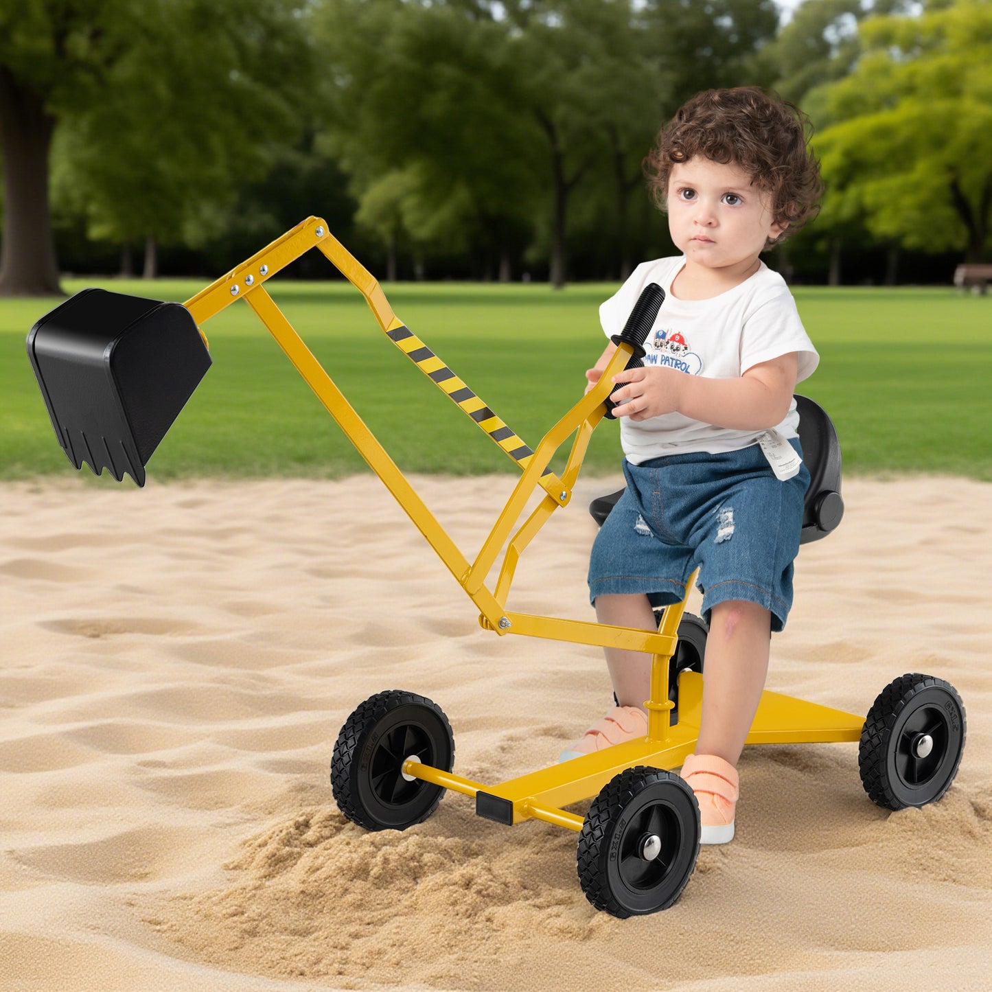 Costway 4 Wheels Construction Excavator with Ergonomic Backrest for Ages 3+-Yellow